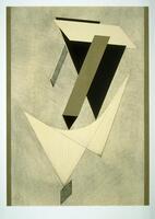 This abstract composition of geometric shapes shows a plane and an inverted triangle above with a pyramidal rod hanging down from the plane. At the bottom, two inverted triangles with a concave top edge apoint to the bottom of the print. 