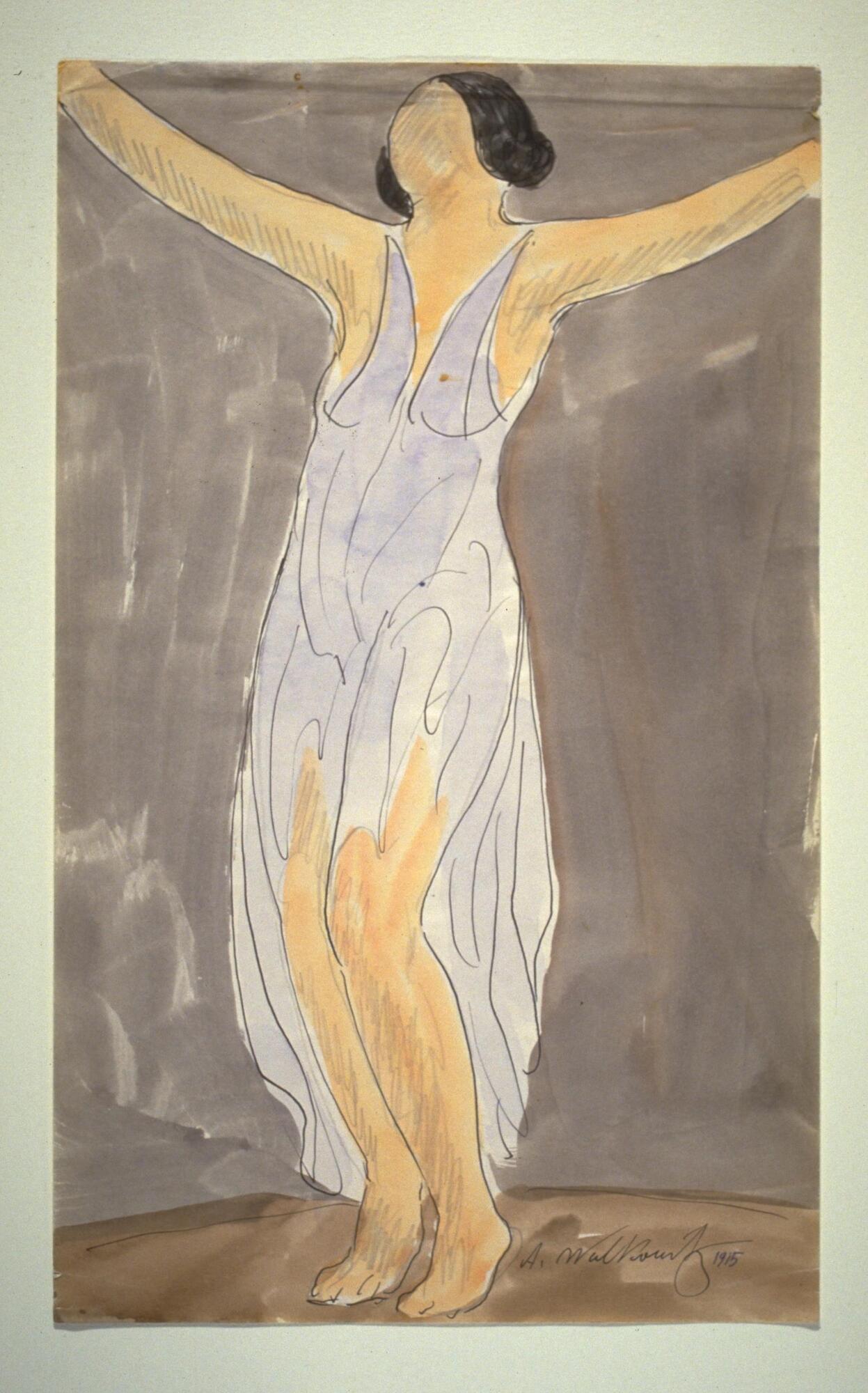 A drawing of a woman standing, facing the viewer, with knees turned slightly to the left and arms extended to the sides, slightly raised. 