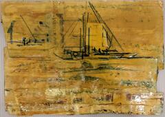 Line-drawn sailboat on a yellow, orange, and green-hued background.