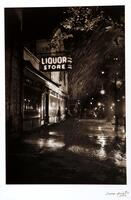 This is a black and white photograph that shows a city street scene at night. There is a wide sidewalk and a storefront with a neon sign that says "Liquor Store". It is raining and streams of water cascade onto the sidewalk.  In the background, there is a goup of people and one figure is silhouetted against the storefront window.