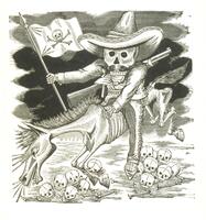A skeleton, with a rifle strapped to his back and a flag of the skull and crossbones in his hand, rides a horse over 13 skulls. The skeleton is wearing a sombrero and he has a handlebar mustache. 