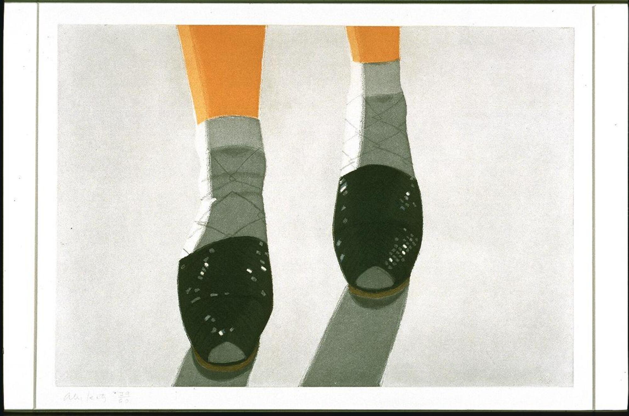 This horizontal print shows two feet walking toward the viewer seen from just above the ankle. The person wears grey socks and black shoes. The image has a plain grey background.