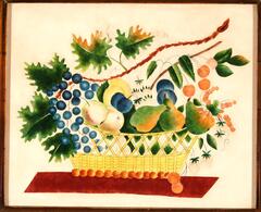A composition of pears, apples, grapes, cherries, and plums in a yellow basket with a branch arching above the fruit and basket.&nbsp;