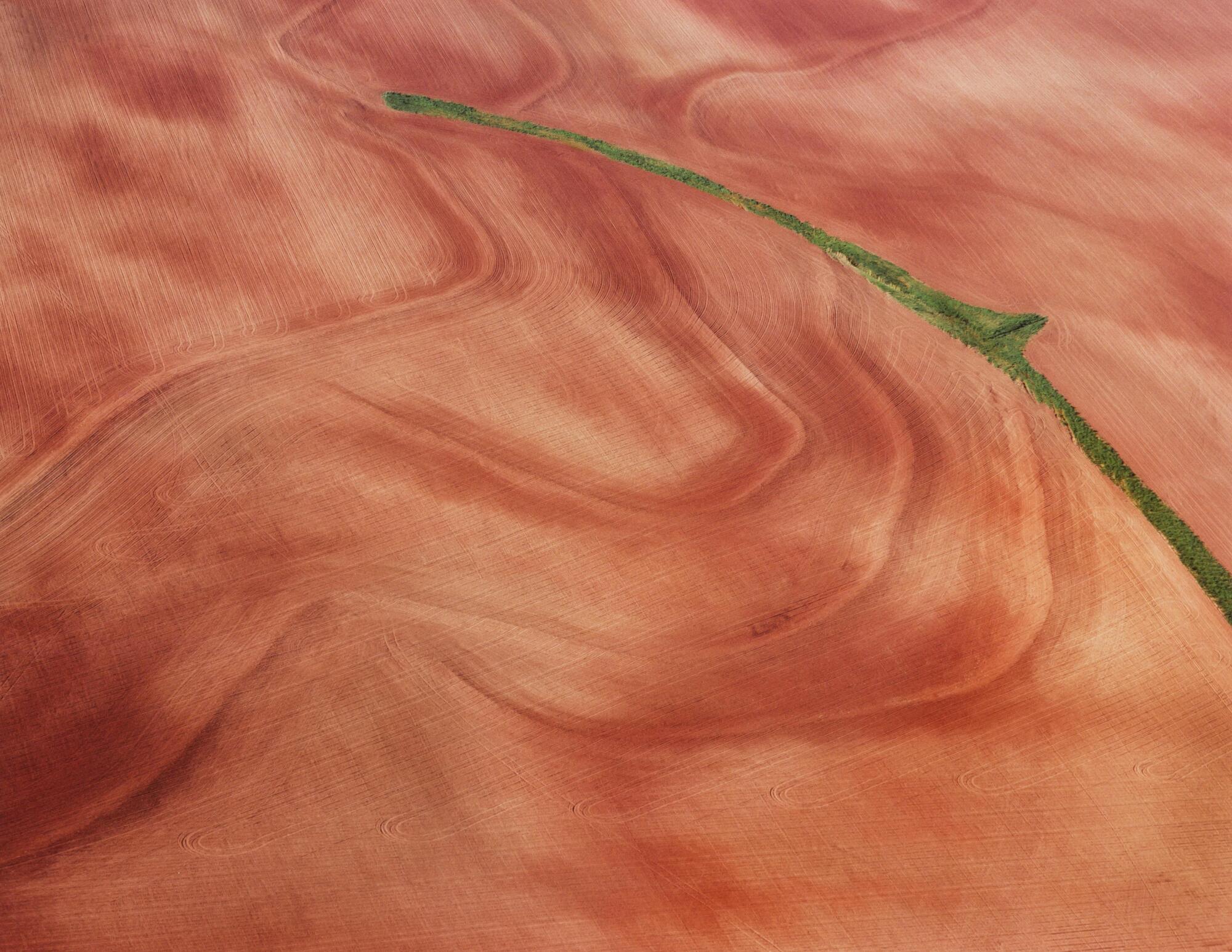 Print of an aerial photograph of orange/red fields and a strip of green trees cutting through the fields from the middle of the right side of the image toward the middle of the top. 