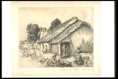 This print shows a cottage with a thatched roof and five children in the yard. Two are in the middle foreground, one is by a plant to the right, and another sits against the house, and the fifth is working with a shovel on the long side of the building. 