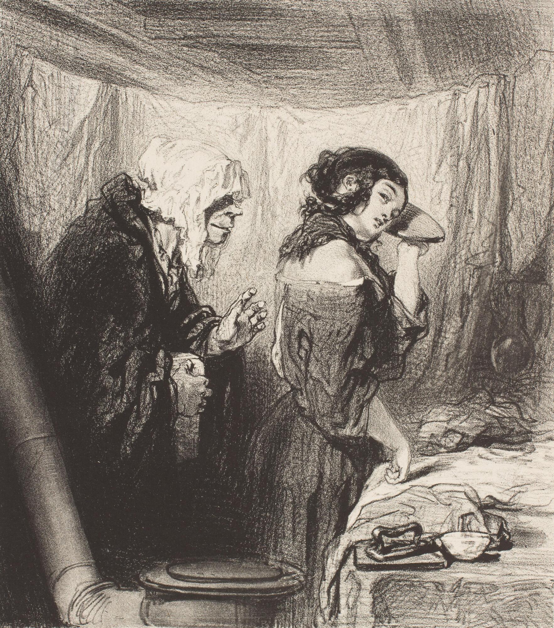 Draped room with a man in black cloak behind a young woman who is not paying any attention, combing her hair.