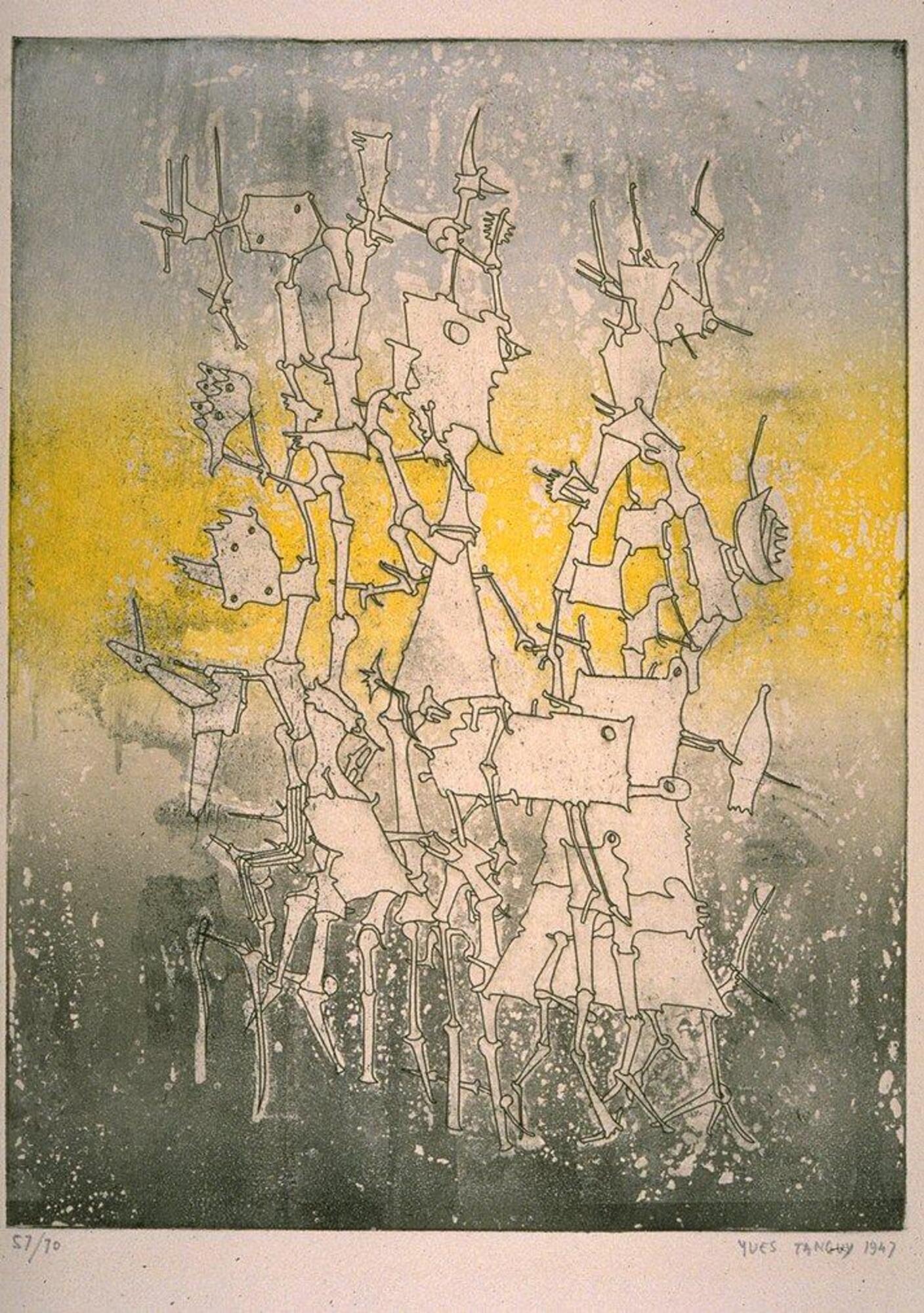 At the center of the print is a series of abstract bone-like shapes put together to resemble a creature or creatures. The background is colored, top to bottom, in blue, yellow, and green. The print is signed and dated (l.r.) "Yves Tanguy 1947" and numbered (l.l.) "57/70" in pencil.