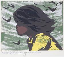 A girl with her head and body in profile, her head is streached in front of her body and her short hair is flowing behind her. She is wearing a yellow shirt. The background is a faded green with black globs that may be butterflies placed periodically.