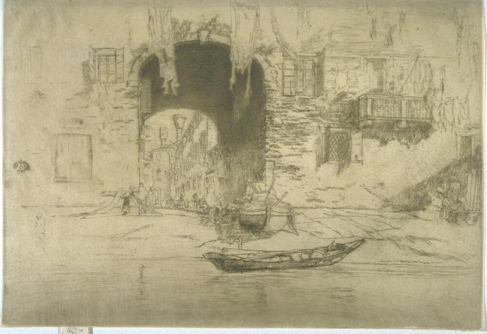 A large, two-story arched passageway leads from the foreground to a distant street. Viewed from the water of the canal that runs across the bottom of the print, the composition concentrates on the dark barrel vault of the passage, the boats that occupy the foreground between the water and the walls of the building, and windows and balconies that animate the wall on either side of the archway.