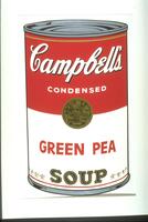 Print depicting a can of Campbell&rsquo;s condensed soup with &ldquo;Green Pea&rdquo; written in red capital letters across bottom half of can.