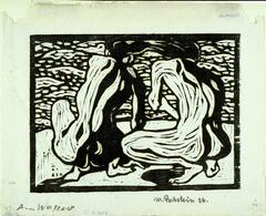 Print depicting two nude males crouching with their back to the viewer while looking out over a body of water