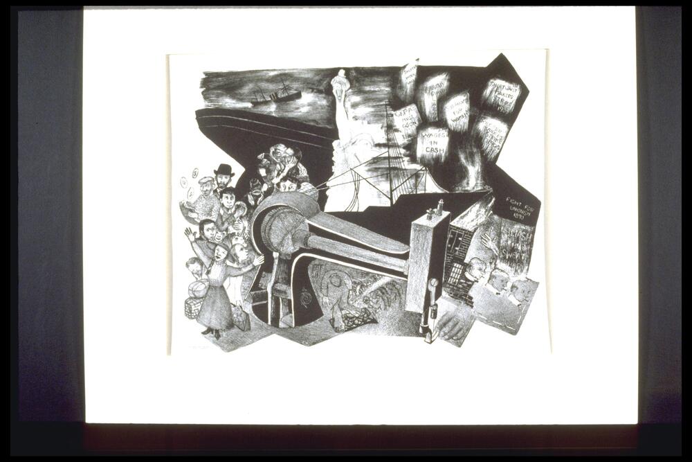 Around and behind a central image of a sewing machine are overlapping images of people, ships, a building fire, the Statue of Liberty, and small blocks of text.