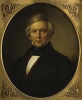 Bust-length portrait of man in black jacket and black cravat against nondescript dark background. Oval canvas framed by rectangular gilded (?) frame. (Larson 2/5/18)<br />
&nbsp;