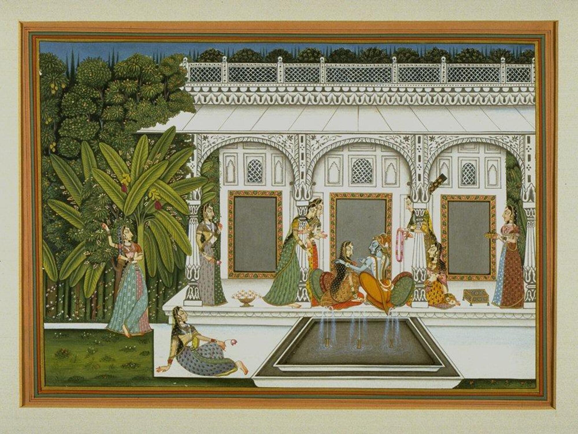 In this contemporary miniature, Lord Krishna is shown embracing his lover Radha. A number of adoring attendants watch the scene gleefully. Some sit, others stand, some hold garlands, whereas others look on in contemplation. A pool and fountain are depicted in the foreground, and a white colored palace forms the backdrop of the scene. The setting seems to be an open-air garden or forest-like environment.