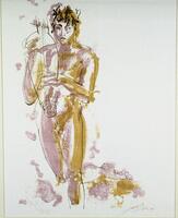 This print shows a standing male nude outlined in black, and colored in pink and tan on a white background. His right leg is bent at the knee and is raised behind him, his foot pointing backwards. He has dark curly hair, and he cradles an instrument against his chest.