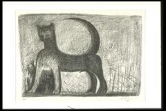 At the center-left of this print, a cat is standing at an angle so it is neither in profile or facing the viewer head on. Its tail is long and curled up in a crescent shape. There are cross hatching lines near the cat's feet that suggest it is standing outside in nature and the background is similarly textured a light grey. The print is numbered (l.l.) "9/15" and signed and dated (l.r.) "J Soriano / 54." in pencil.
