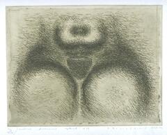 This etching depicts a detail of a nude woman's pubic area, with her knees together at the front. The print is titled, numbered, signed and dated in pencil at the bottom of the page.