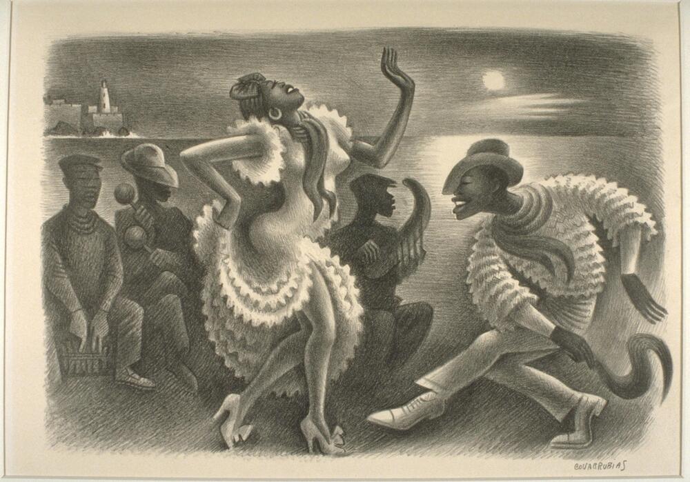 This print shows two figures dancing in front of three musicians by the water with a moon in the sky and reflected in the water. A far away seaside fort is visible in the upper left corner.&nbsp;
