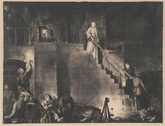 Woman descending a staircase, lots of men below passed out against the lower wall. Some men are carrying lanterns coming up the staircase.