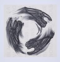 This print depicts three black forms, in the shape of feathered wings, over a cream background with gray block lettering. The tips of the feathers have active brush strokes that give the appearance that they are moving in a circular, clockwise direction in the center of the print.