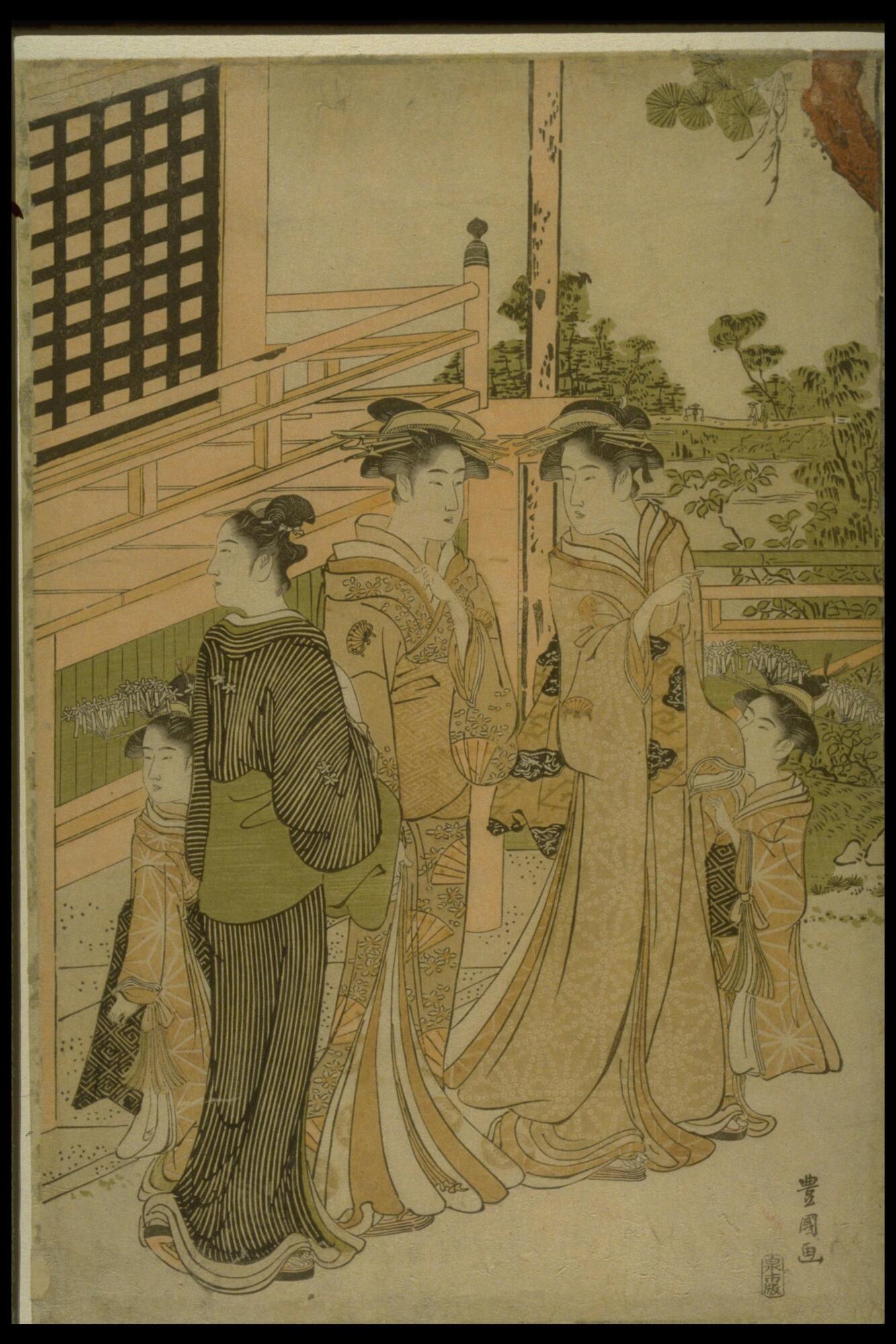 An image of three older women and two young girls standing together outside of a building. The woman to the left wears a plain kimono of black stripes and a green obi. The two women in the center wear layered kimono of orange shades, with the woman on the right wearing star burst designs and the woman on the left wearing a fan and flower design. The two young girls also wear kimono of orange and a different style of star burst pattern. In the background is a scene of trees and a pond.