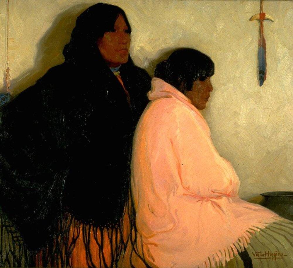 In this painting, done in broad brush strokes, the figures of two women fill the composition. The woman on the right is seated in profile and the other, standing behind her, gazes out into the distance. They both wear shawls which make their bodies monolithic forms. A strong outline appears, especially around their heads, because they are set againist a plain white wall. There is also a strong color contrast between the dark black shawl worn by the standing woman and light pink shawl of the seated one. An amulet made of bone and feathers hangs on the wall in the upper right corner of the painting.