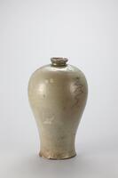 The vase has a slightly outward-turned rim and a short neck. The elegantly-shaped bottle flares out to a broad shoulder, then tapers gradually to a slim waist before flaring out once more at the base. The shoulder, mid-belly and base of the vase are decorated with black and white clay-inlaid cloud, crane and butterfly motifs.
<p>The body of this vase is inlaid with clouds with black slip and butterflies inlaid with black and white slips, while the lower body is decorated with incised fret-patterned band. The mouth has been completely destroyed and repaired once, but has now fallen into decay. The glaze at the foot is opaque and cracked because of the low ring temperature and it has many pinholes on one side. Glaze was wiped away from the base, and there remain refractory spur marks.<br />
[<em>Korean Collection, University of Michigan Museum of Art</em> (2014) p.137]</p>
