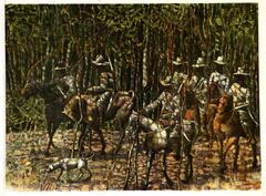 Seven faceless men are shown on horseback riding through a jungle. They have weapons and a dog is leading their group.
