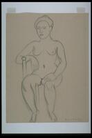 In the center of the page, there is a simple drawing of a nude woman seated. The sitter is seated on a chair; her left arm rests on the top of a chair and she is forward-facing.