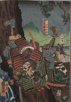 A woodblock print of two men entangled in combat at the base of a tree. Tree trunk takes up left side of print, in the distance are two green mountain peaks. A brown horse and rider are in the background (center right).