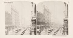 This black and white stereoscopic image features two images of a view of a street in Chicago with tall buildings, a tram, and people on the sidewalks.  It is surrounded by the text: Sample Set No. 1; Randolph Street, Chicago, IL, USA.<br />
