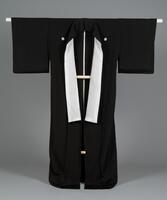 <p>formal black funerary (mofuku) chirimen kimono with five kamon (family crests) with no inner lining (hitoe).</p>
