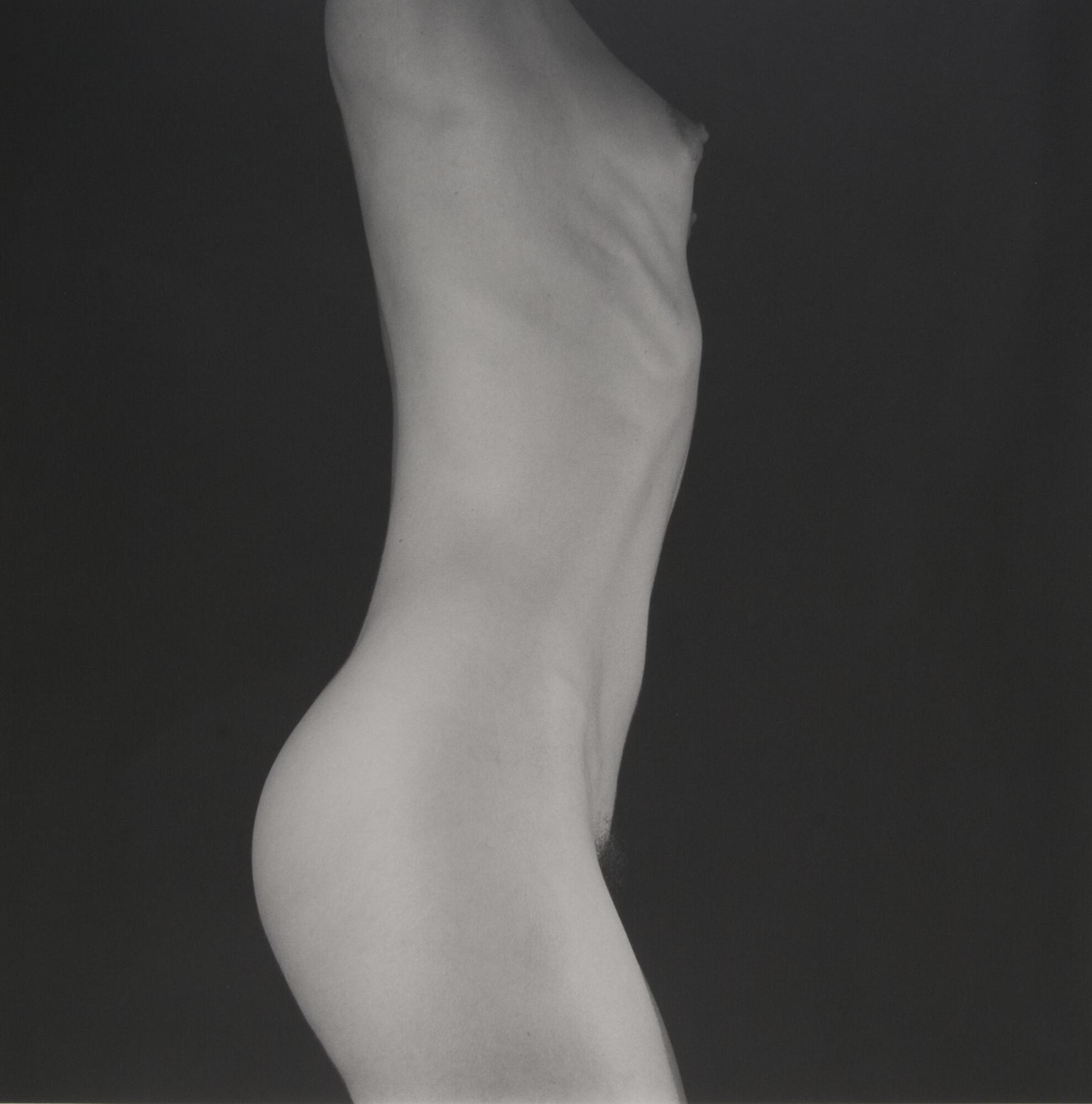 A nude female torso. The photograph is of a woman's torso from her right side against a black background. The composition of the photo is from her shoulders to her upper thigh, with her arms extended upwards and out of frame.