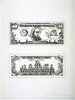 ​Print showing the front and back of a made-up 108 dollar bill.  The artist has replaced normal imagery and phrases of U.S. currency with cartoons and captions created by the him.