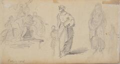 recto: studies for a group of figures (religious or allegorical) and two studies of standing women, one with child<br /><br />
verso: two sets of couples in caricature in contemporary dress<br /><br />
First side: Various people, one holding her hands below her waist, one speaking to a little boy, a group clustered together.<br />
Second side: two fashionably dressed couples (man and woman) walking.