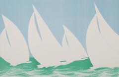 A color lithograph depicts four white sailboats sailing on the green colored sea.
