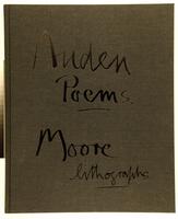Box containing dark green linen book with the words "Auden Poems/Moore Lithographs" on the cover. Inside the book, there is text with twenty-three accompanying lithographic images. Numbered 53/150.