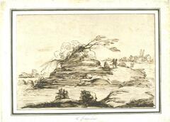 This black ink drawing shows a landscape scene with a large rocky formation on the banks of a river. A figure, holding a long staff, is seated at the base of the rocky formation and two others stand nearby. The opposite bank of the river is shown in the foreground with bushy vegetation and a group of figures seated at the water's edge. In the distance on the left is a bridge and buildings and on the right there are buildings and figures walking together. The thin pen strokes are quickly drawn and wider strokes of black create depth and shading for this scene.