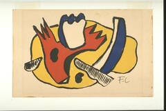 This color lithograph shows an abstract still life in warm yellow and orange colors. In the center is a large, roundish yellow shape outlined in black, perhaps a plate. On it is a red form with two protruding, spiky, fork-like prongs at each end. Above this sits a white rectangular shape with three bumps along its top edge. To the right is a long curved shape. The outside of the curve is blue, the inside white. Two additional rectangular, striated objects come in from the edges. The paper has some brown staining around the edges.