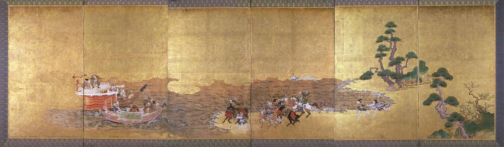 This 6-fold screen is a depiction of the Battle of Genji and Heike. In samurai armor, the Heike forces approach by ship from the left, while Genji forces rush to the shore on horseback and on foot—drawing the viewer’s attention to the center of the screens, where their confrontation will finally take place. The Heike forces can be identified by the red banners on their ships, while the Genji clan carries white banners.