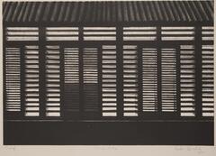 A black and white lithograph print of a face of a house.  The top portion shows the texture of a vertically-oriented ridged roof.  Just underneath are rectangular window openings with slightly-opened blinds to reveal a light source from within.  Under each rectangle are two tall columns, also window openings, each with varying degrees of open blinds to reveal different levels of light from inside the structure.