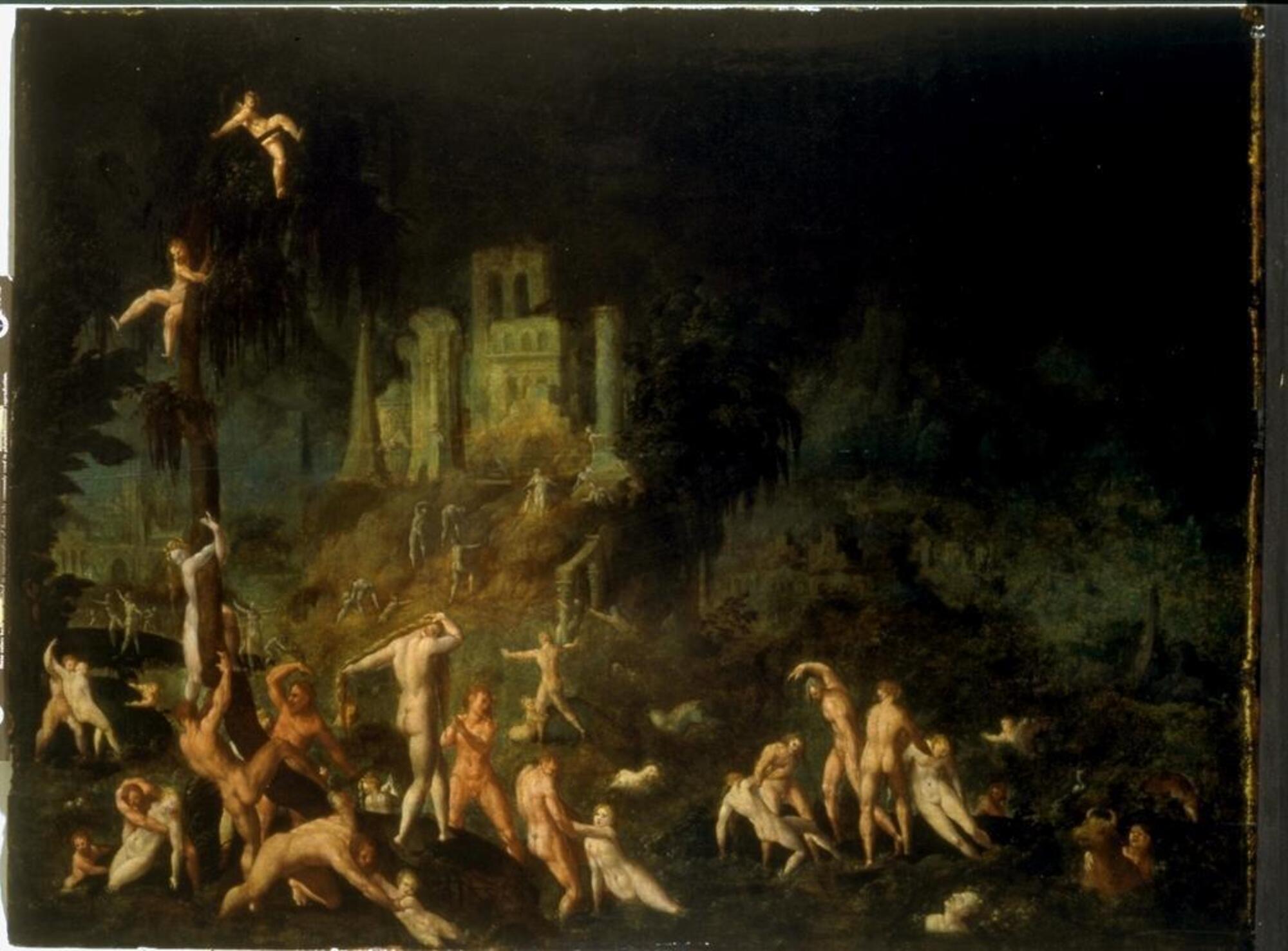 In an ominous landscape a crowd of nude men, women and children, their bodies silhouetted against the descending gloom, struggle frantically to escape rising floodwaters. The figures gesture wildly and strenuously twist their long athletic bodies into a seemingly infinite variety of contortions as they clamber up the last hilltops and trees. A city stands on a hill and appears through the trees in the background.
