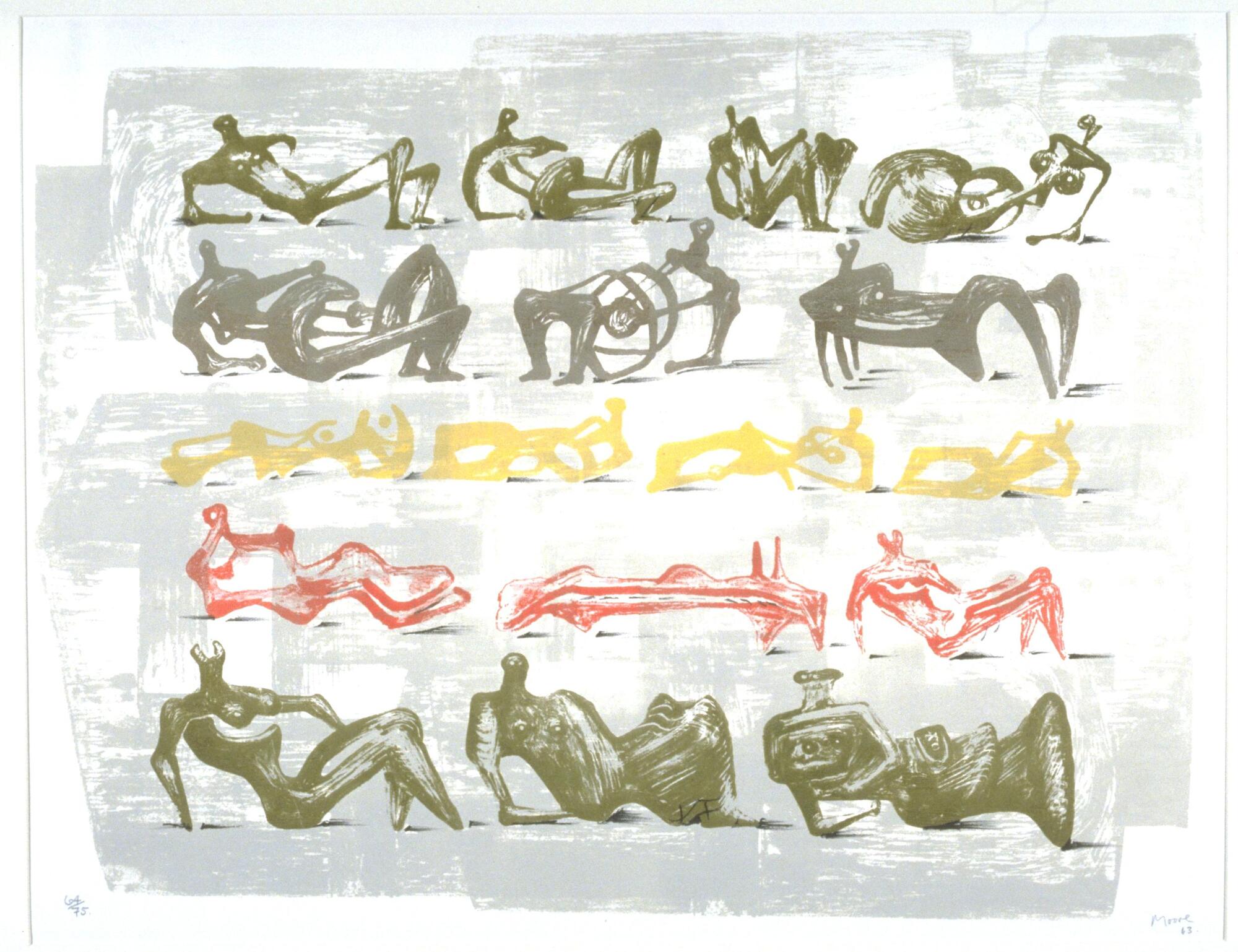 Seventeen reclining abstract figures in five rows. Each row's figures are in a different color: top to bottom: green, grey, yellow, orange-red, green. Grey broad brushstrokes loosely cover the background. Print is numbered 64 out of 75.
