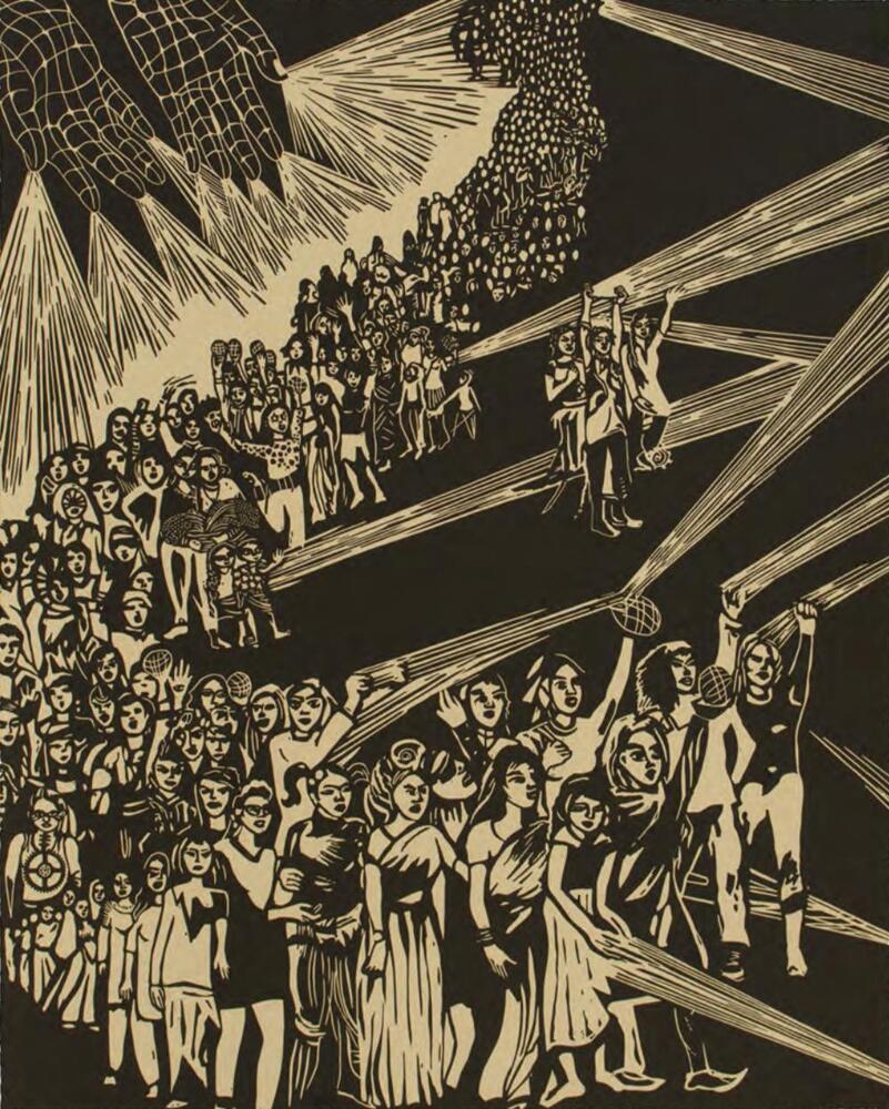 No. 22 of a series of 27 prints. A simple, two-tone palette. A long procession of women, some raising their arms, snakes through the image. A pair of hands, emanating showers of light from each finger, projects onto the procession from the upper-left corner. Some of the women hold objects that reflect the rays of light further through the image.<br />
Sultana&#39;s Dream was printed and published by Durham Press in 2018.<br />
&nbsp;