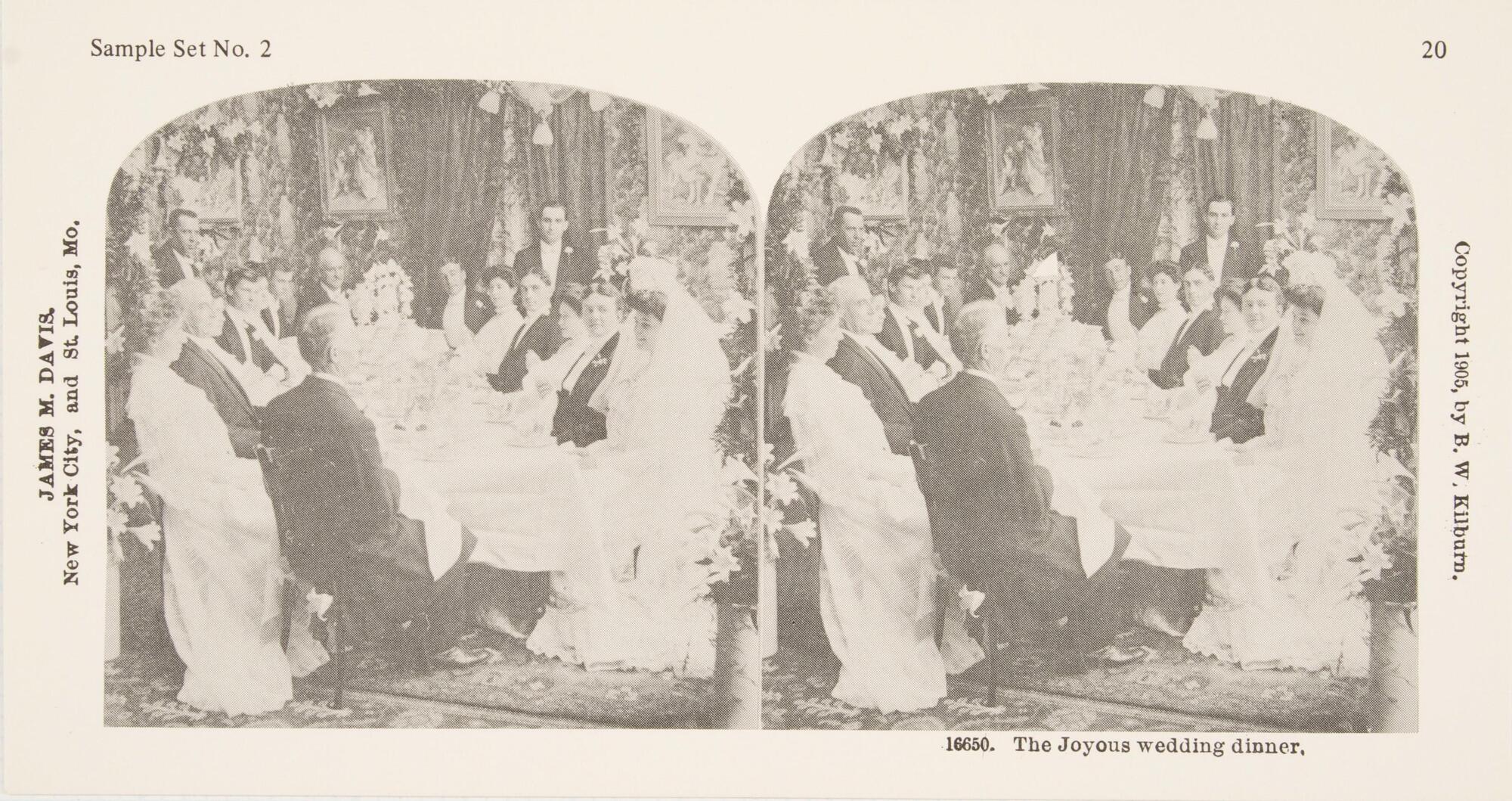 This black and white stereoscopic image features two images of a wedding party sitting together at a long table covered with a white table cloth. The bride is sitting at the very end of the table on the right hand side of the picture. The walls have floral wallpaper and dark curtains.