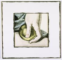 This print shows a close up of a hand holding a golden sphere. The background is bluish-grey drapery. 