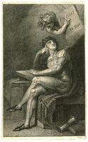 Print of a man sitting and ooking up toward a figure holding an inscribed sign with Greek letters.