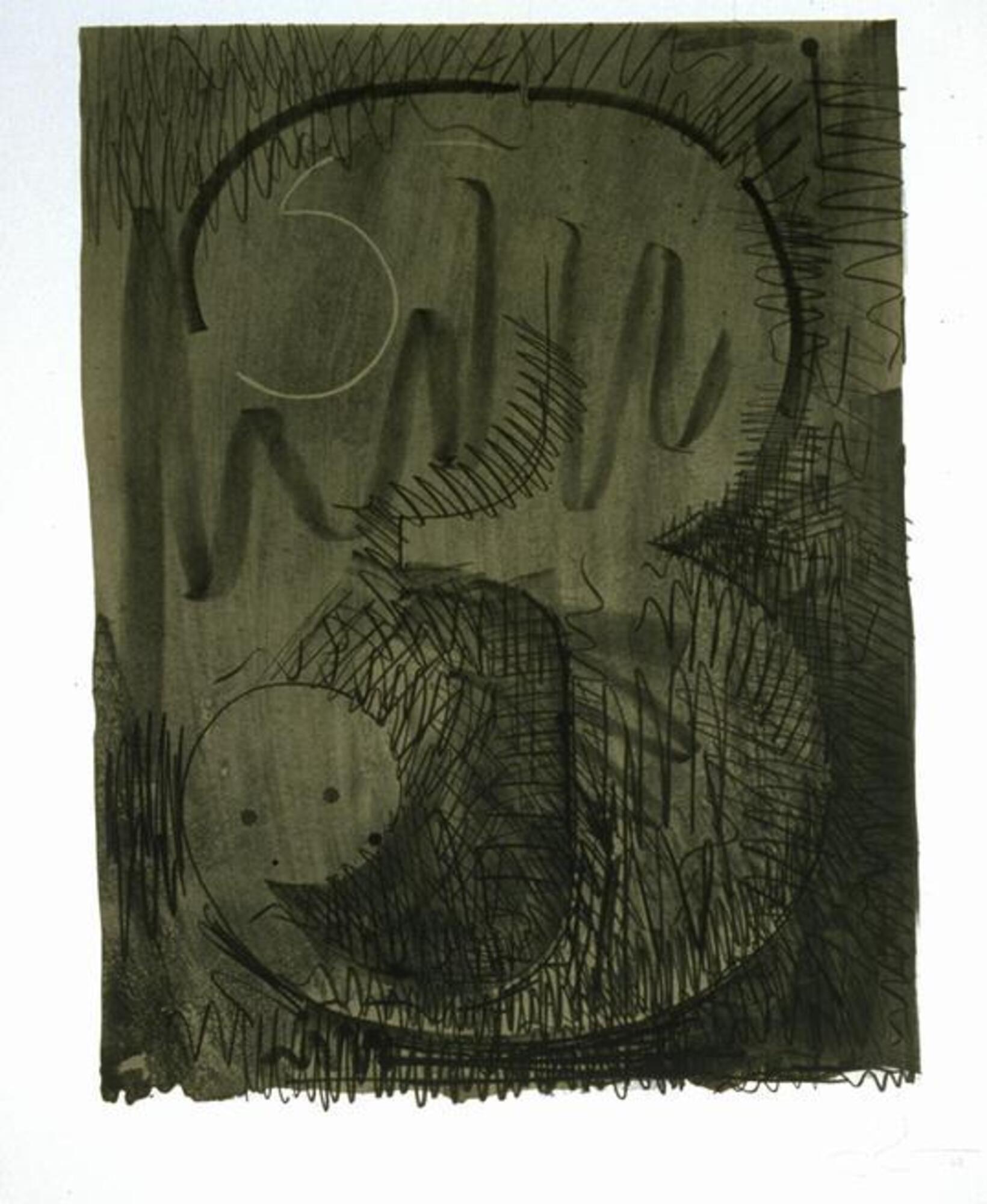 Lithograph with a large number &ldquo;three&rdquo; that dominates the composition outlined in black with areas of white outline on a taupe background with black squiggly lines throughout.