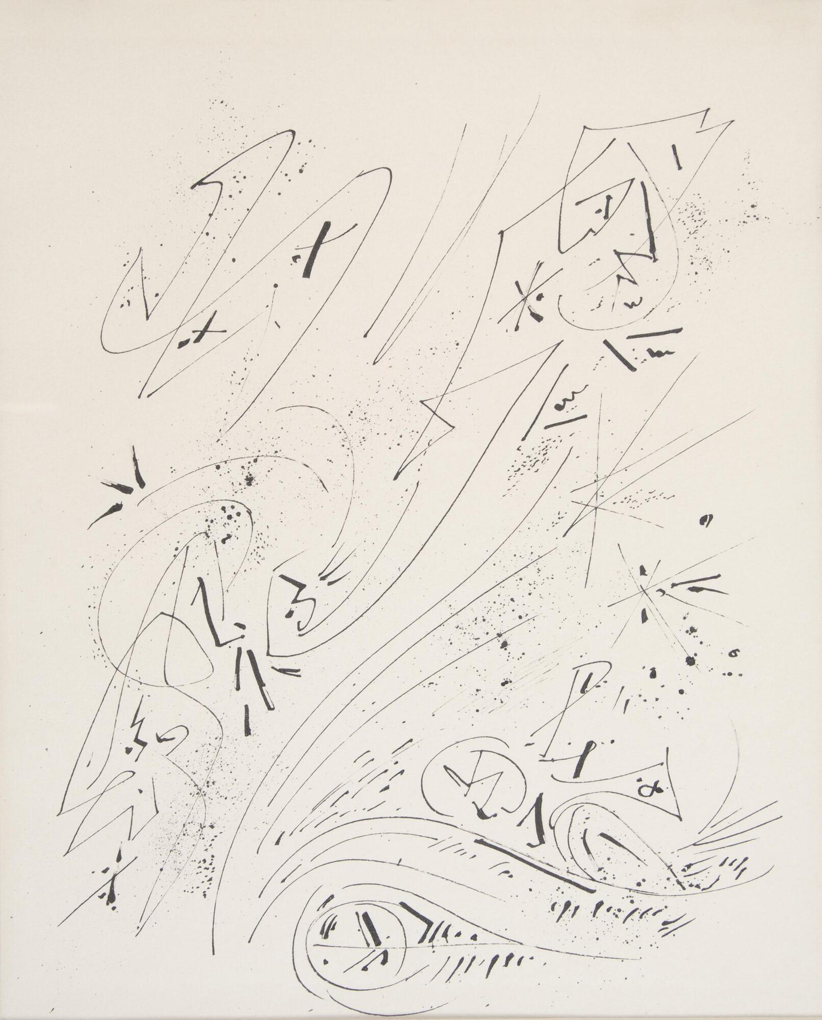 An abstract drawing with lines, swirling forms, and ink splatterings.