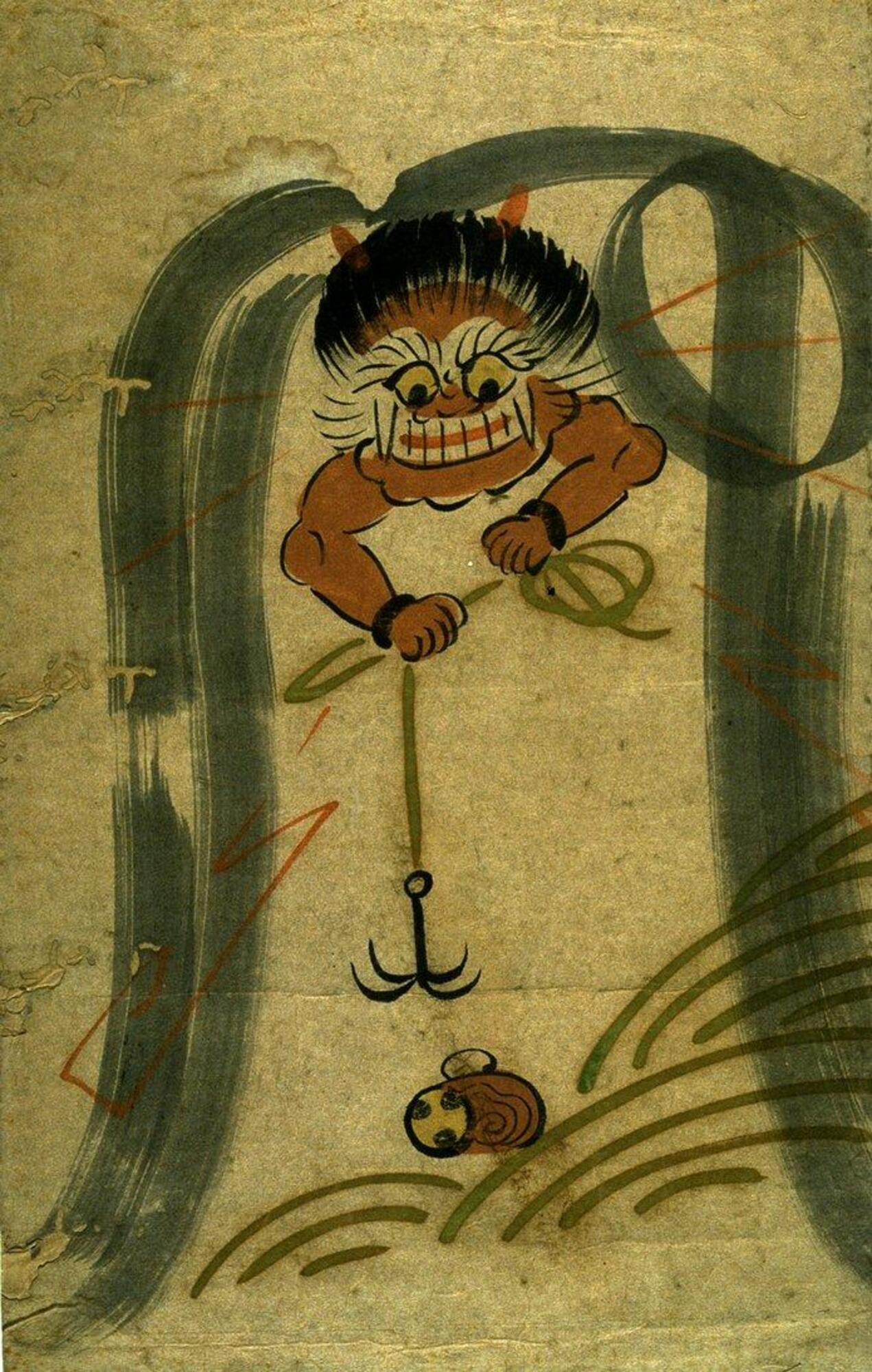 This painting portrays the Thunder God (Raijin), a powerful and ferocious figure, is fishing for his drum, carelessly dropped in the ocean.